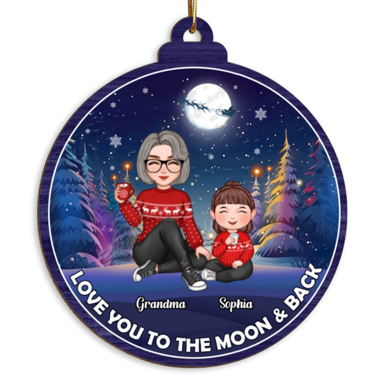Cute Grandma Grandkids Christmas Moon Night Colorful Tree Personalized Wooden Ornament