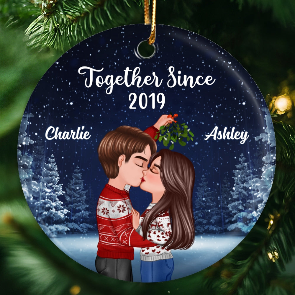 Couple Kissing Under Mistletoe Christmas Night Personalized Circle Ornament