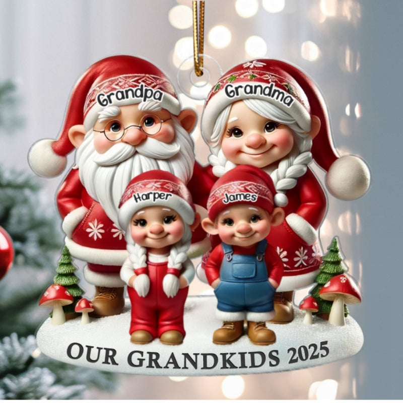 3D Effect Gnome Grandma Grandpa And Grandkids - Personalized Acrylic Ornament - Heartfelt Gift For Grandparents, Grandkids