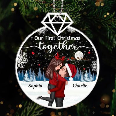 Our First Christmas Ring Shape Doll Couple Hugging Kissing Personalized Acrylic Ornament