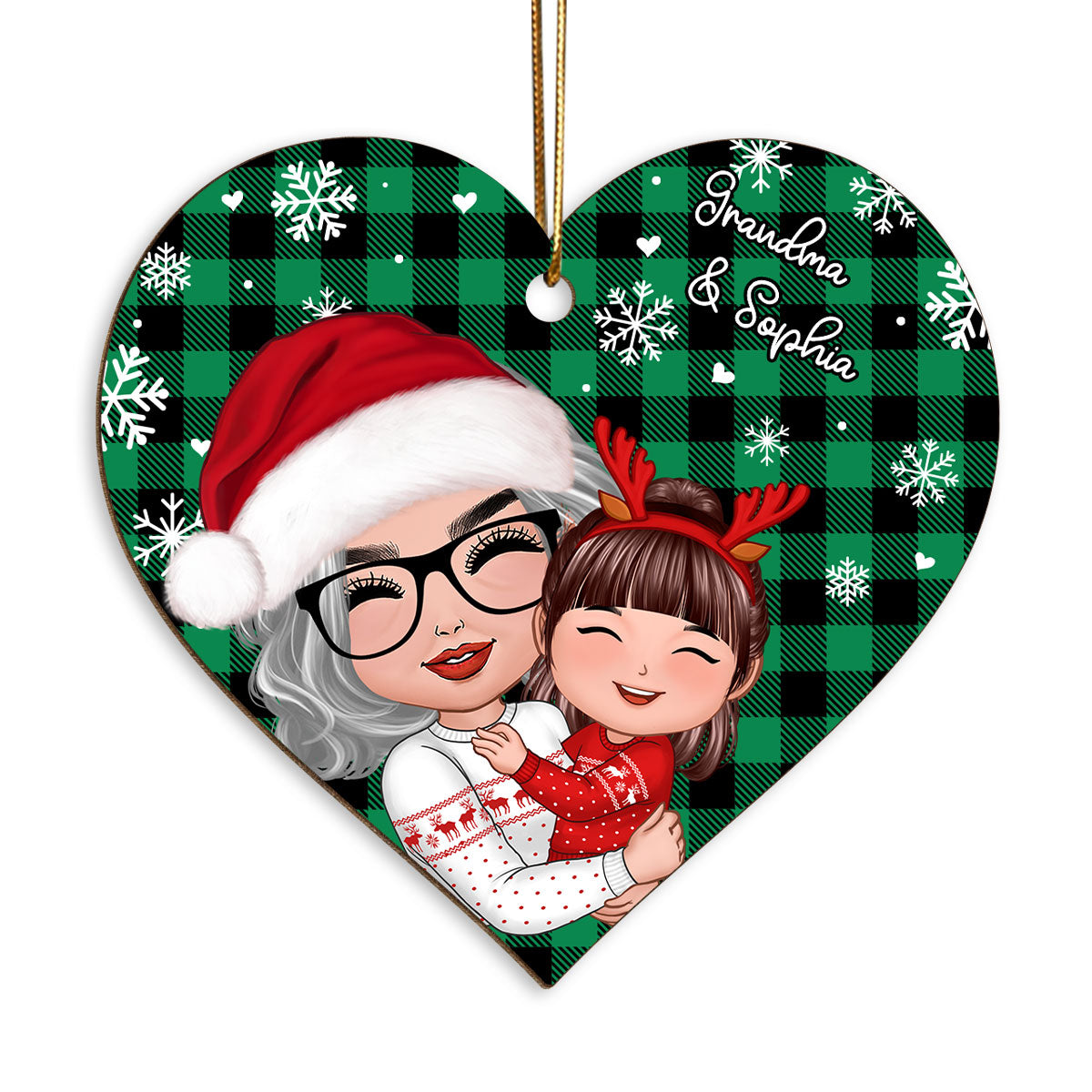 Checkered Snow Pattern Doll Grandma Hugging Kid Christmas Gift For Granddaughter Grandson Personalized Wooden Ornament