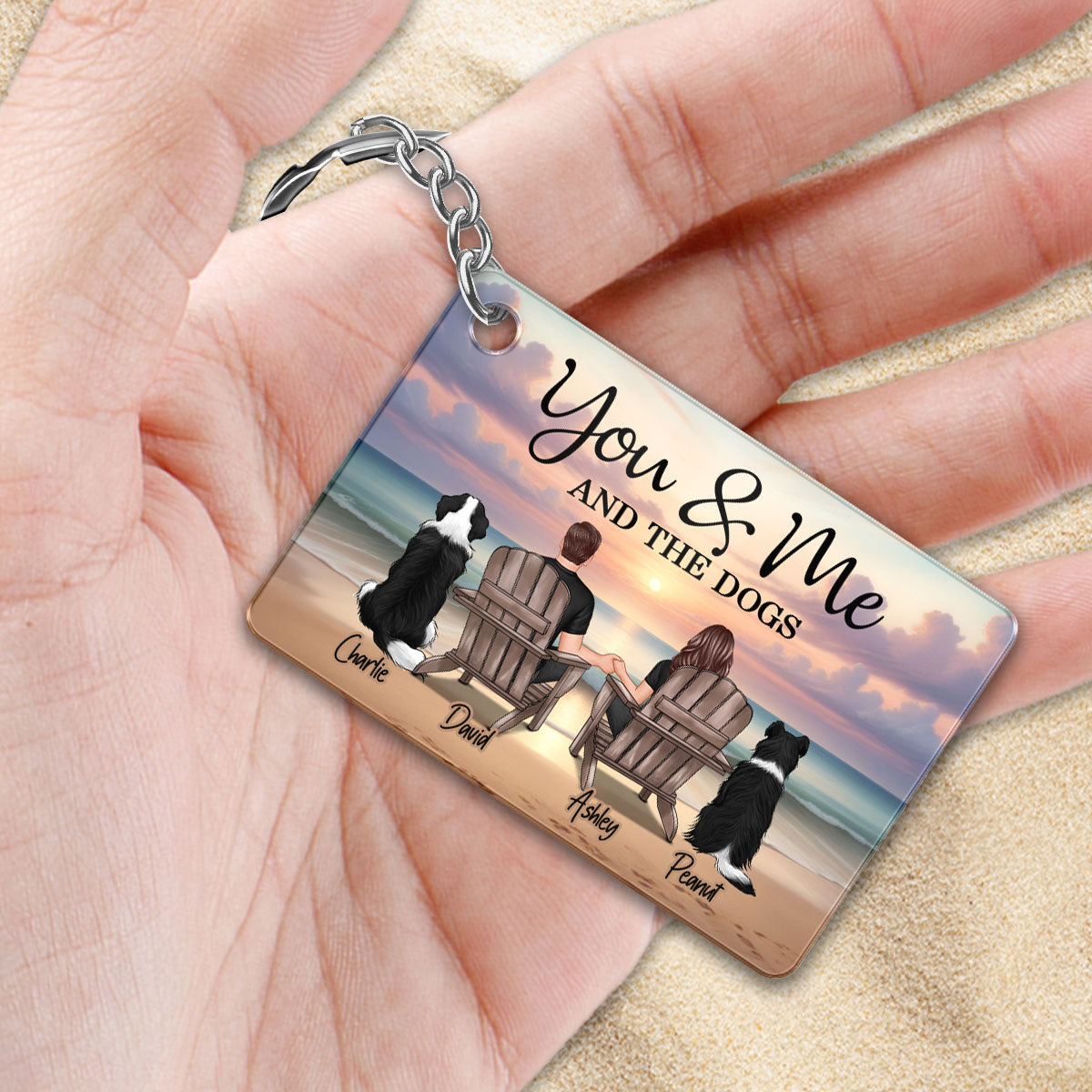 You Me And The Dogs Cats Couple Realistic Beach Landscape Personalized Acrylic Keychain, Gift For Him, For Her