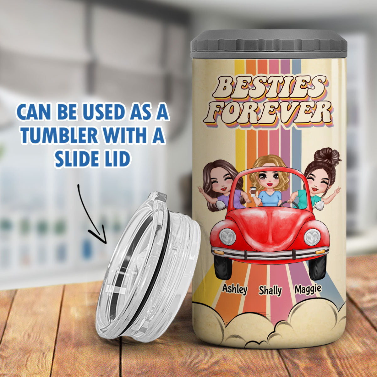 Besties Sisters On Car Colorful Stripe Personalized 4 In 1 Can Cooler