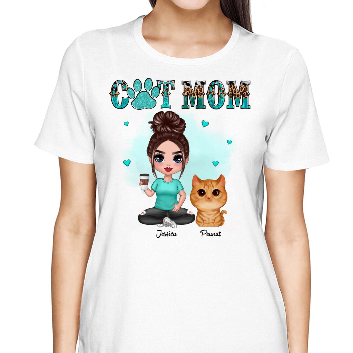 Watercolor Cute Cats Teal And Leopard Cat Mom Personalized Shirt