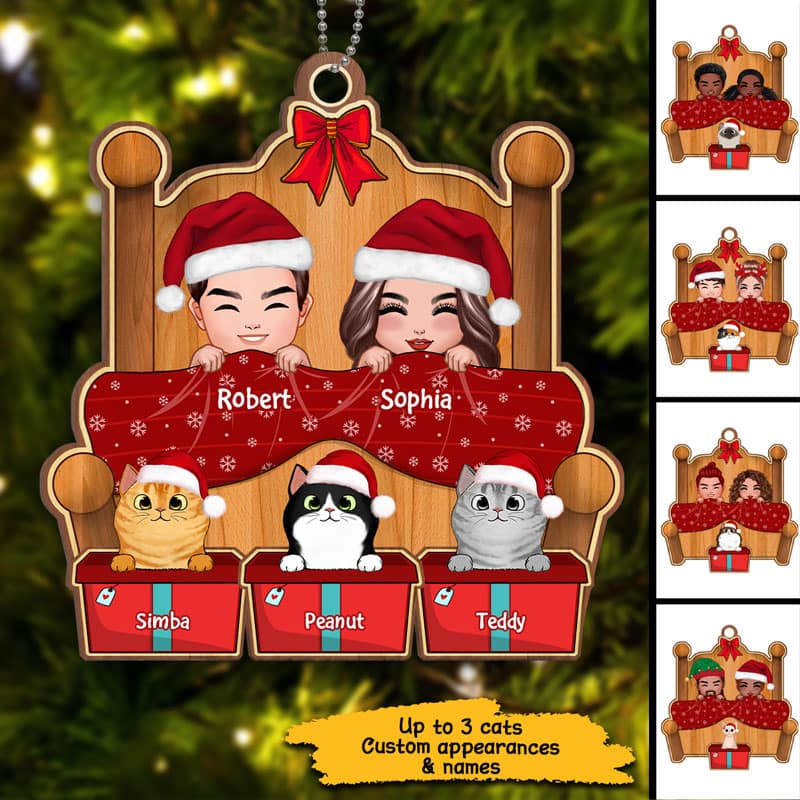 Christmas Doll Couple On Bed With Cats Personalized Wooden Ornament