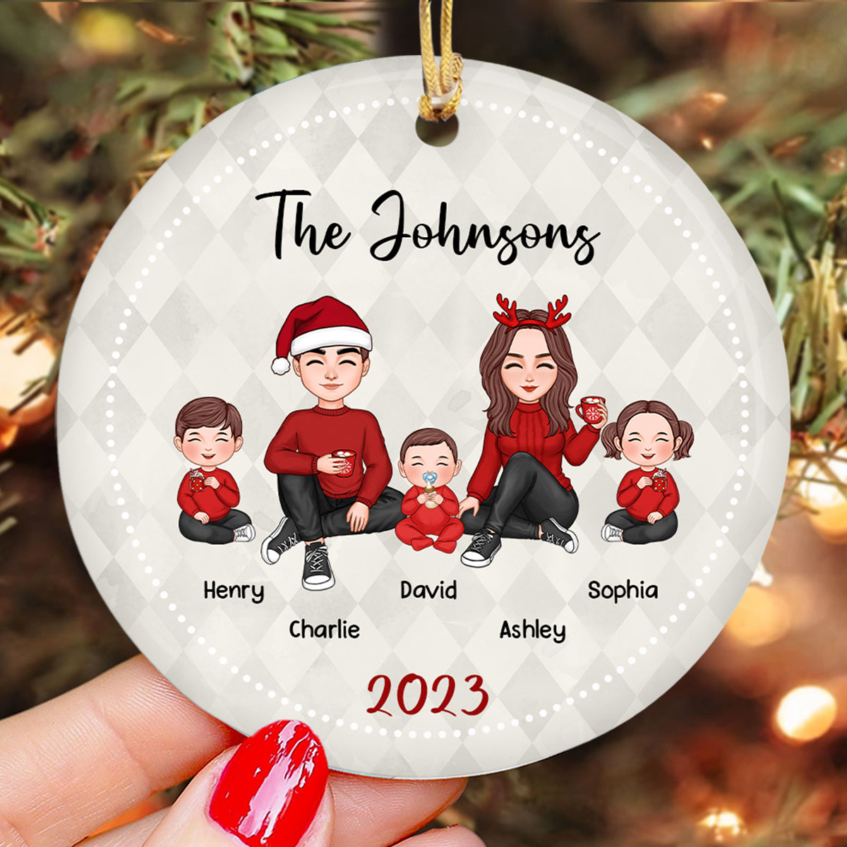 Family Cute Doll Couple Mom Dad Kid Dog Cat Personalized Circle Ornament