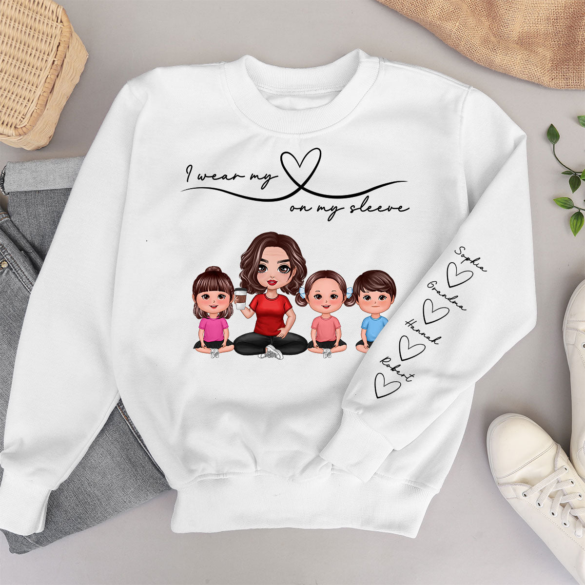 Grandma Mom Wear Her Heart On Her Sleeve, Beautiful Heart Design, Personalized Sleeve Printed Sweatshirt, Gift For Grandma