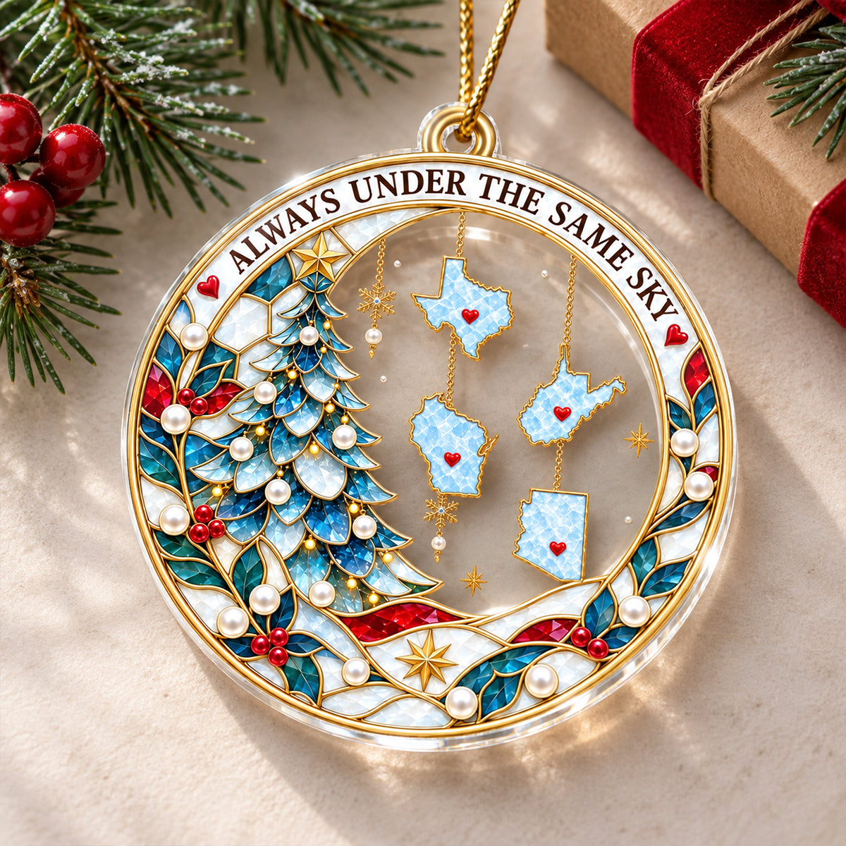 Family Love Knows No Distance - Personalized Acrylic Ornament - Togetherness Christmas Gift for Family, Siblings