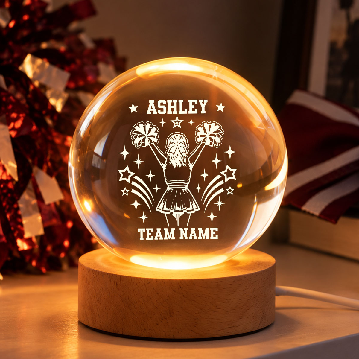 Proud Cheerleader Custom Name And Team Name - Personalized Crystal Ball LED Night Light - Christmas Gift For Cheerleaders, Daughter, Granddaughter