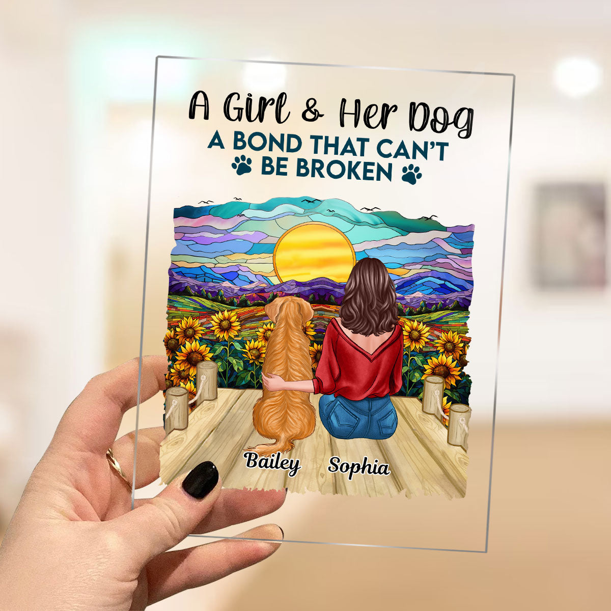 Girl & Dog Bond Cannot Be Broken Sunflower Stained Glass Effect Personalized Acrylic Plaque