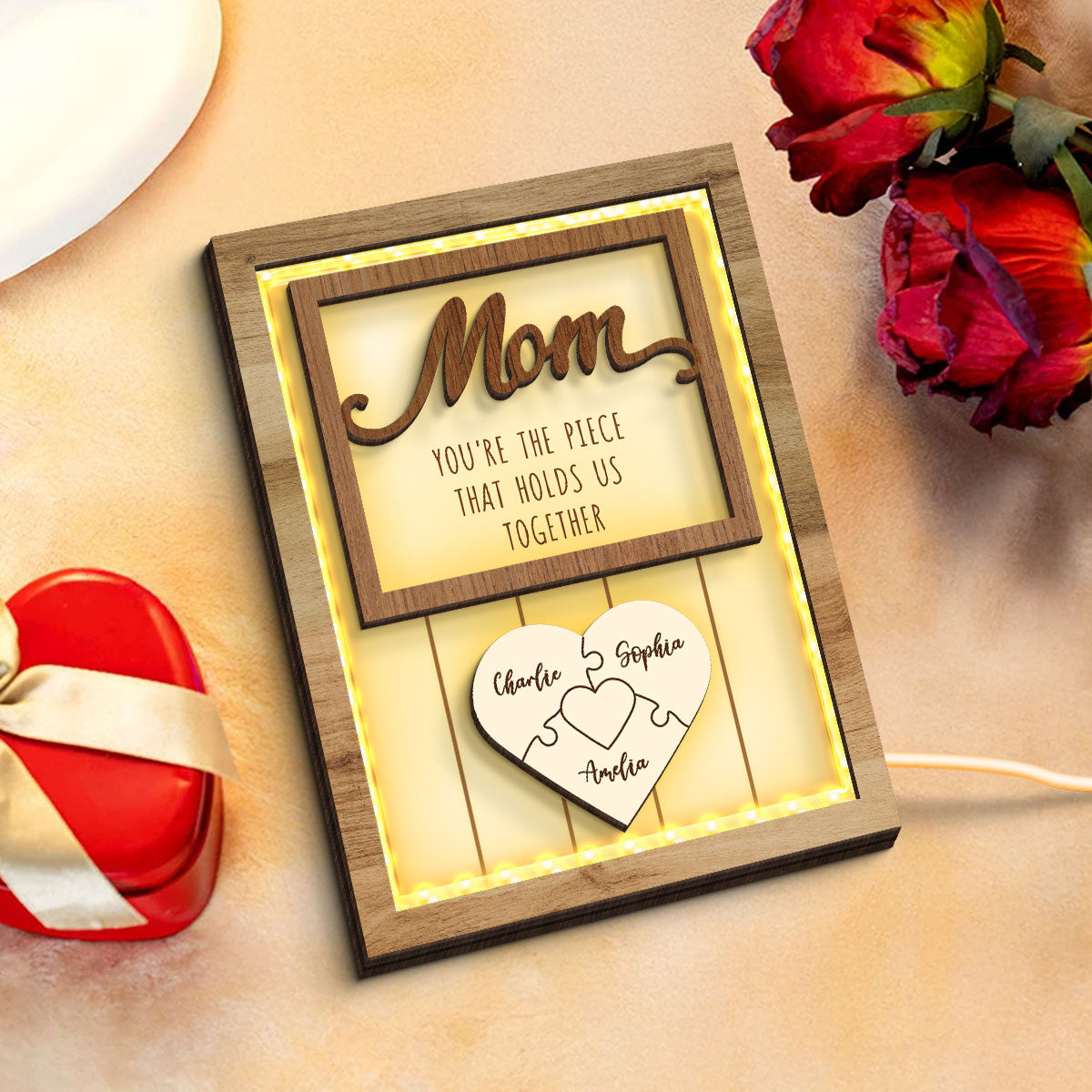 Mom You're The Piece that Holds Us Together Personalized 2-Layered Wooden Plaque with LED, Heartfelt Gift for Mom, Grandma