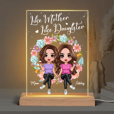Doll Mom And Daughter Sitting On Floral Wreath Personalized Acrylic Plaque LED Night Light