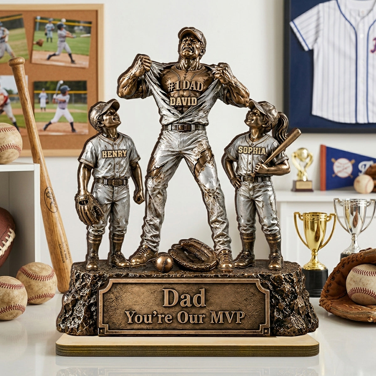 No 1 Dad Baseball Victory Trophy - Personalized 2-Layered Wooden Plaque - Father's Day Gift for Dad, Husband