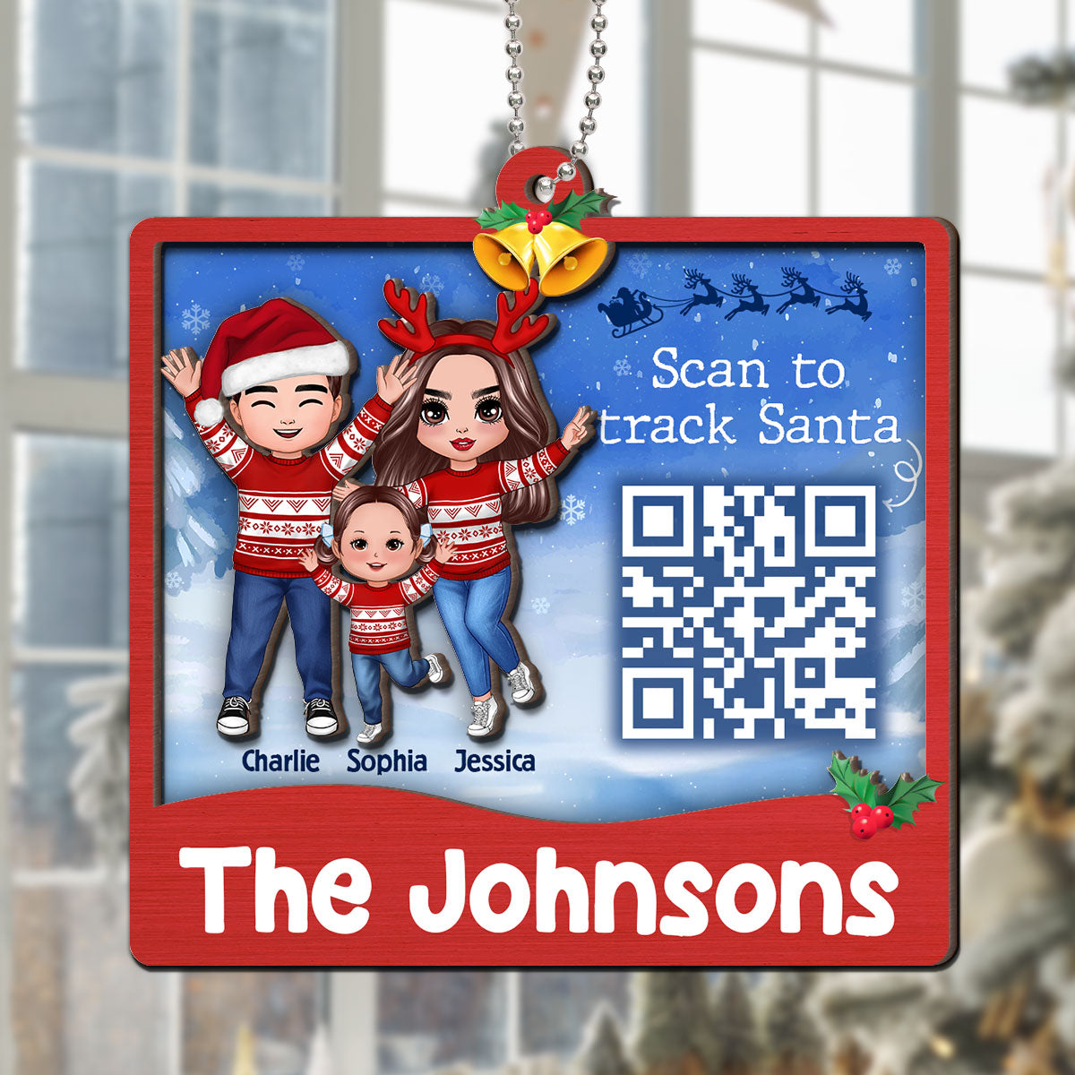 Happy Family Santa Tracker QR Code Personalized 2-Layer Wooden Ornament