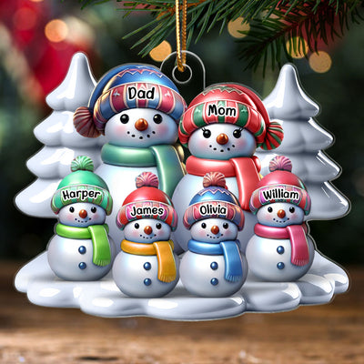 3D Effect Winter Snowmen Happy Family Dad Mom Grandpa Grandma With Kids Personalized Acrylic Ornament