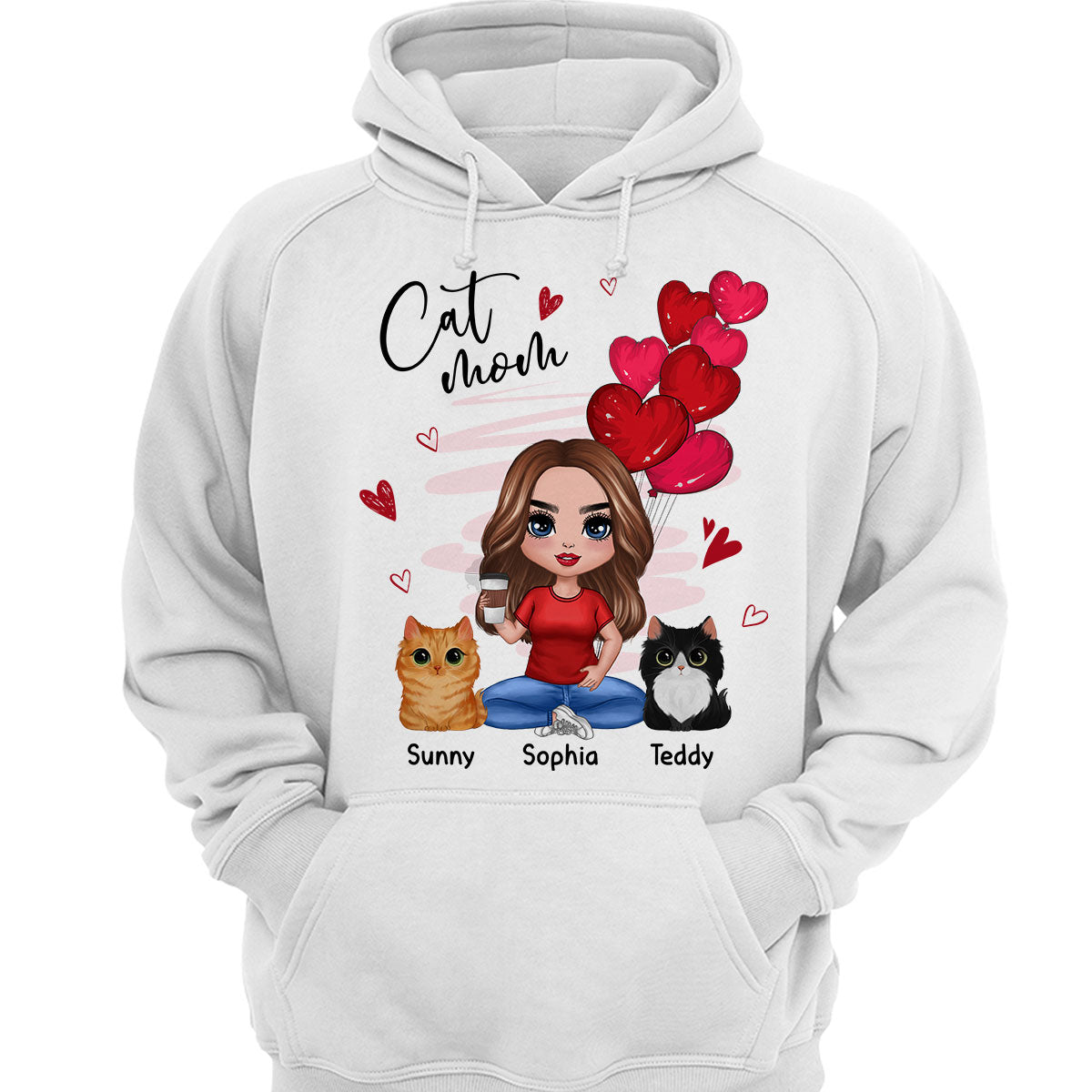 Red Hearts Cat Mom Watercolor Cute Cats Personalized Shirt