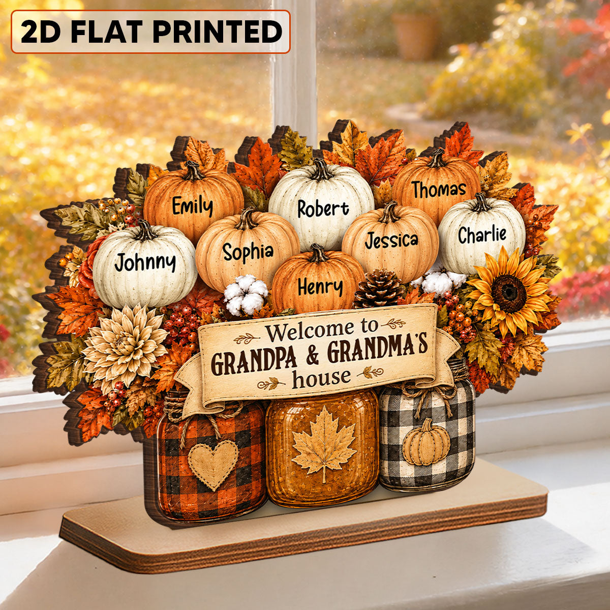 Cozy Warm Fall Season Mason Jars Pumpkins Grandma Grandpa Little Pumpkins - Personalized 2-Layered Wooden Plaque - Fall Decoration For Grandparents
