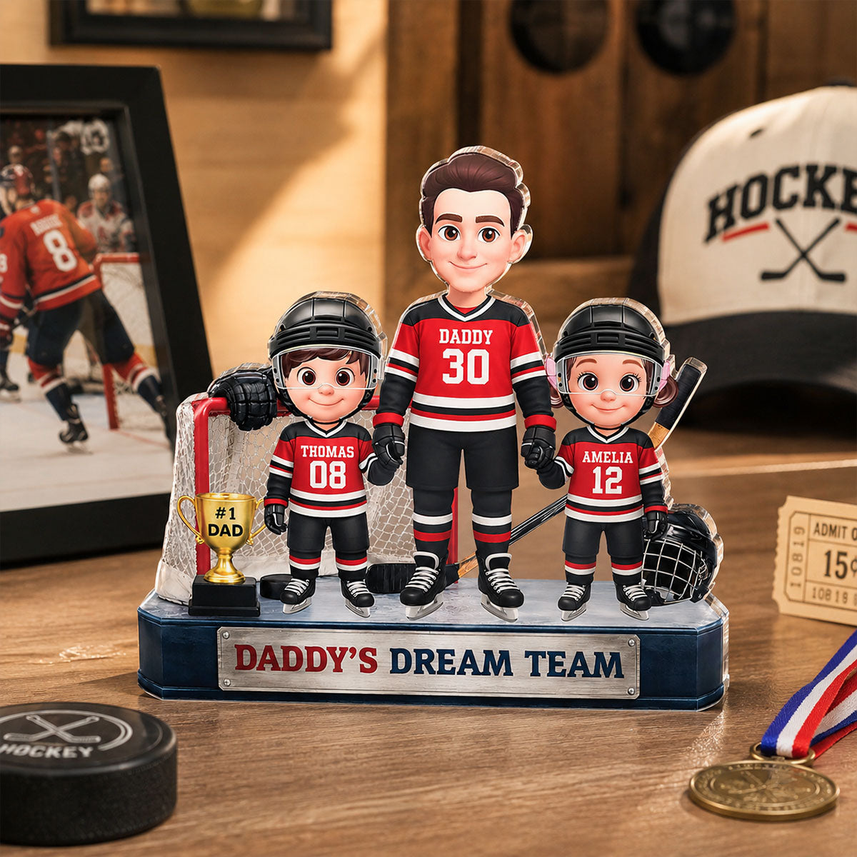 Daddy's Dream Team Hockey Dad & Kids - Personalized Acrylic Block Plaque - Father's Day Gift For Dad, Husband