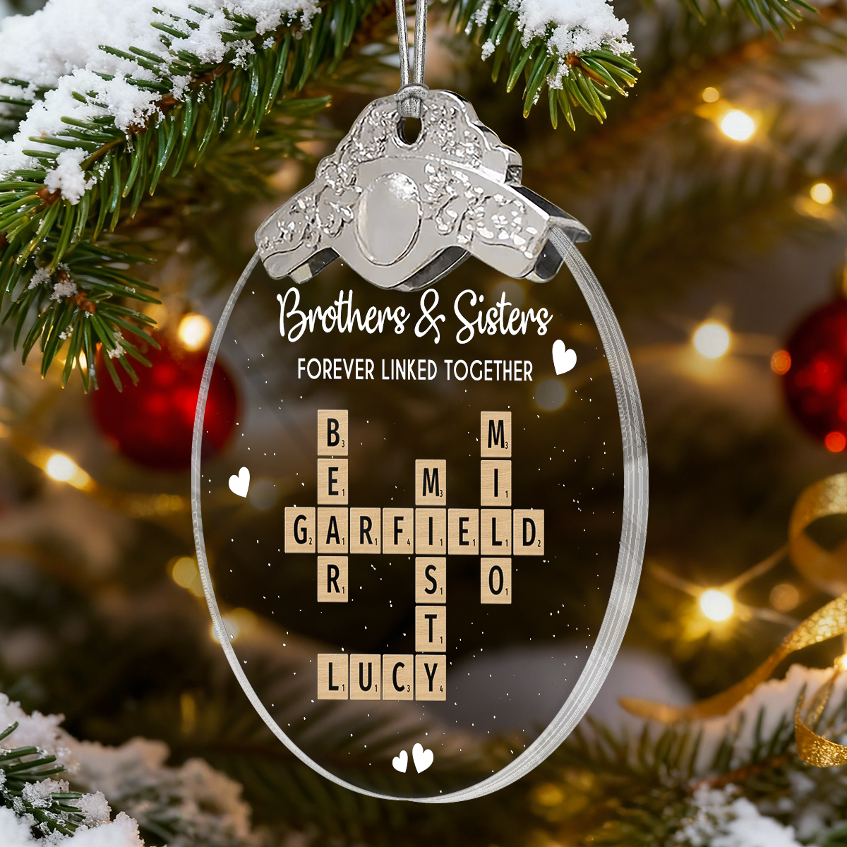 Brothers Sisters Siblings Forever Linked Together Crossword Puzzle Art - Personalized Glass Ornament With Silver Cap - Gift For Siblings, Brothers, Sisters