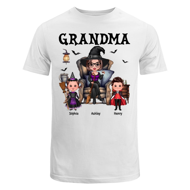 Halloween Grandma Witch Sitting On Chair Doll Kids Personalized Shirt