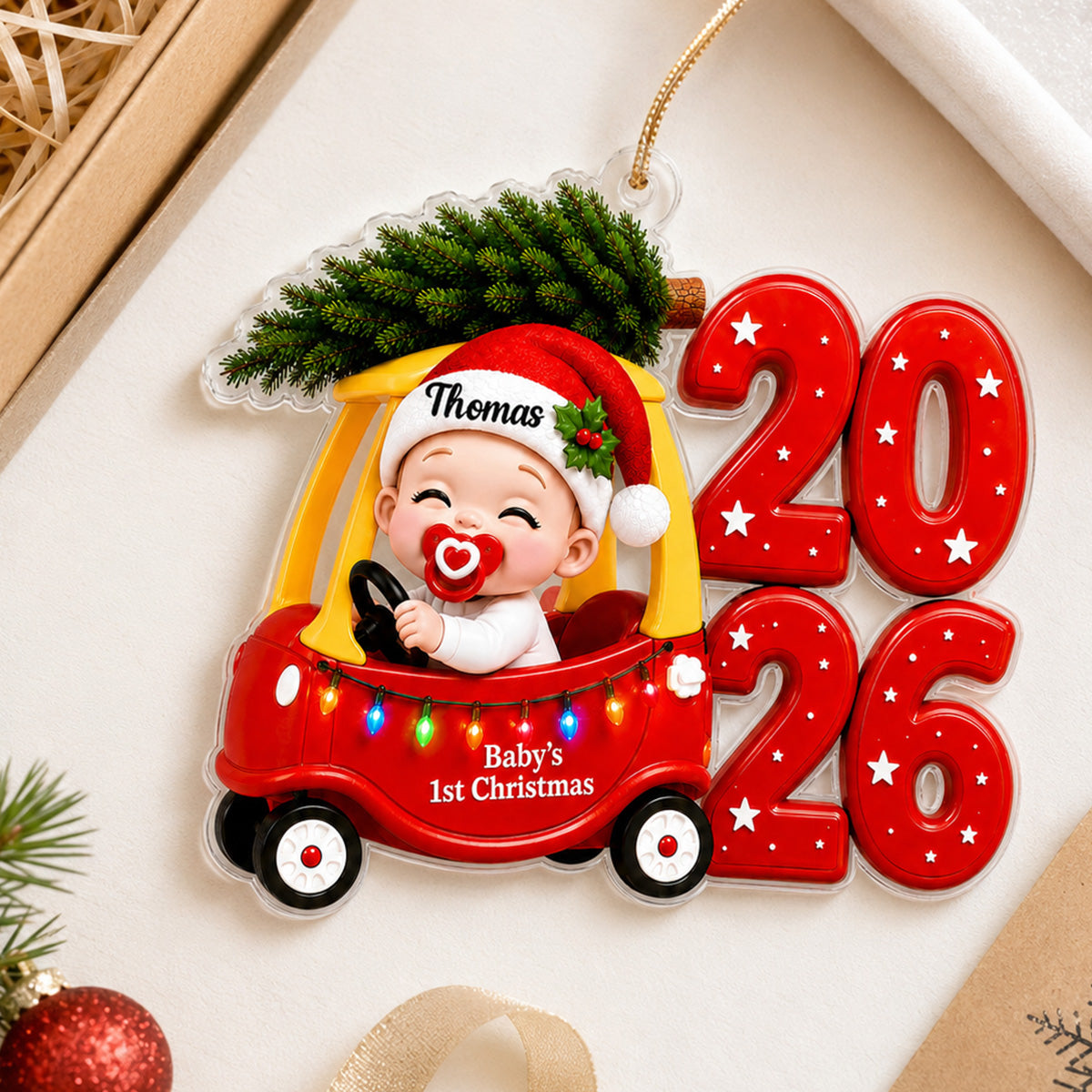 Baby First Christmas Cozy Coupe 2D Flat - Personalized Acrylic Ornament - Christmas Keepsake