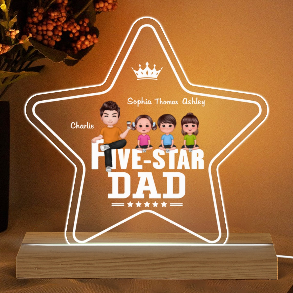 Five Star Dad Sitting Man Personalized Custom Shape Warm LED Night Light