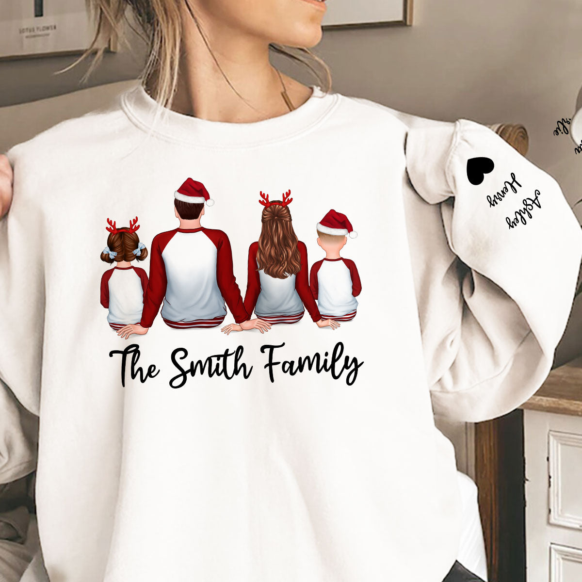 Family Sitting Pajamas Back View Personalized Sleeve Printed Sweatshirt