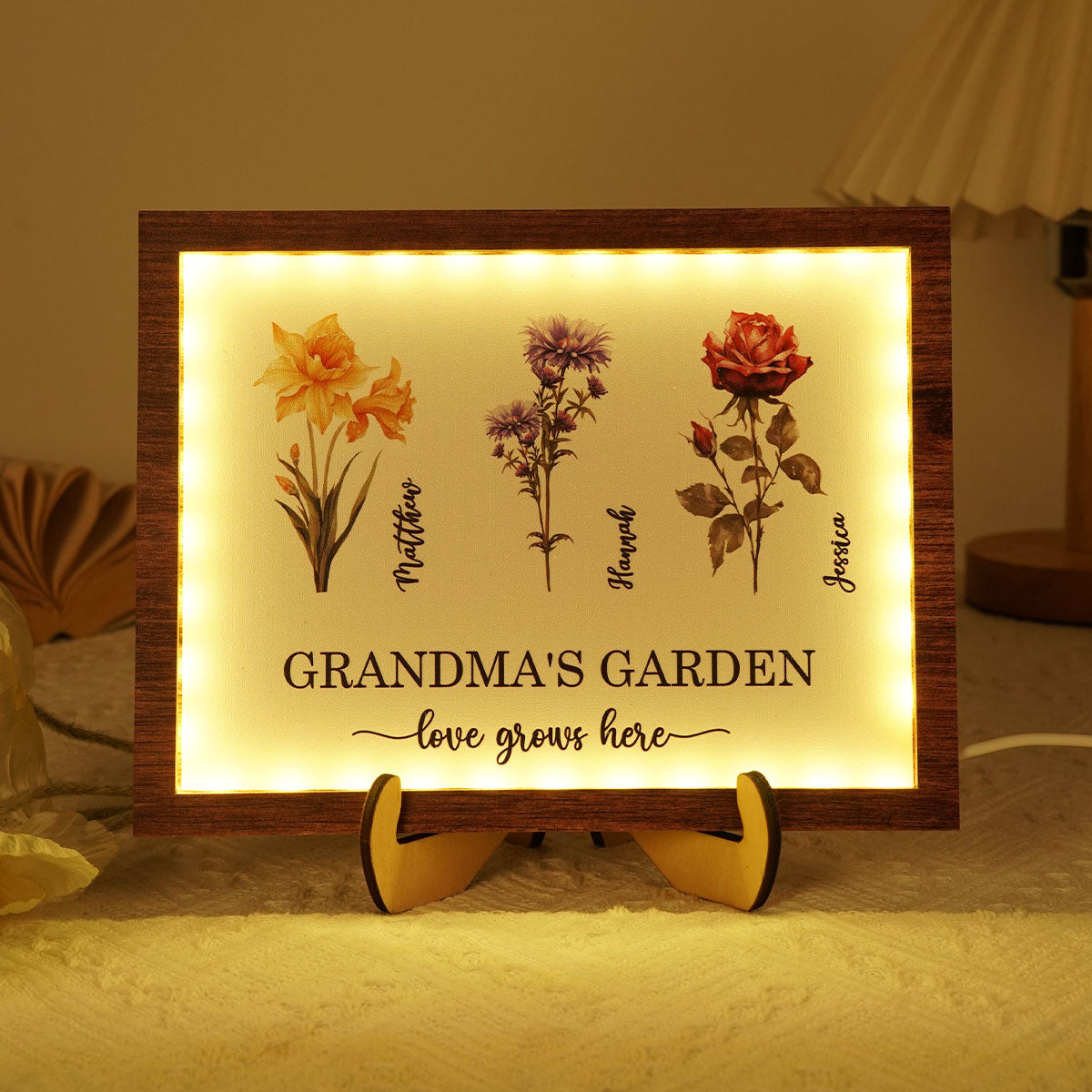 Grandma's Garden Love Grows Here Birth Month Flower Personalized 2-Layered Wooden Plaque with LED, Heartfelt Mother's day gift for Grandma, Mom