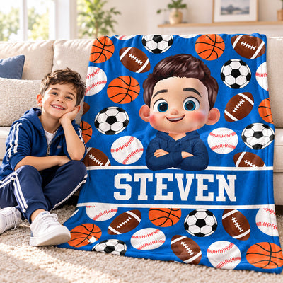 Multiple Sports Lovers Boy Girl Custom Name - Personalized Fleece Blanket - Christmas Gift For Kids Sport Lovers, Grandson, Son, Granddaughter, Daughter