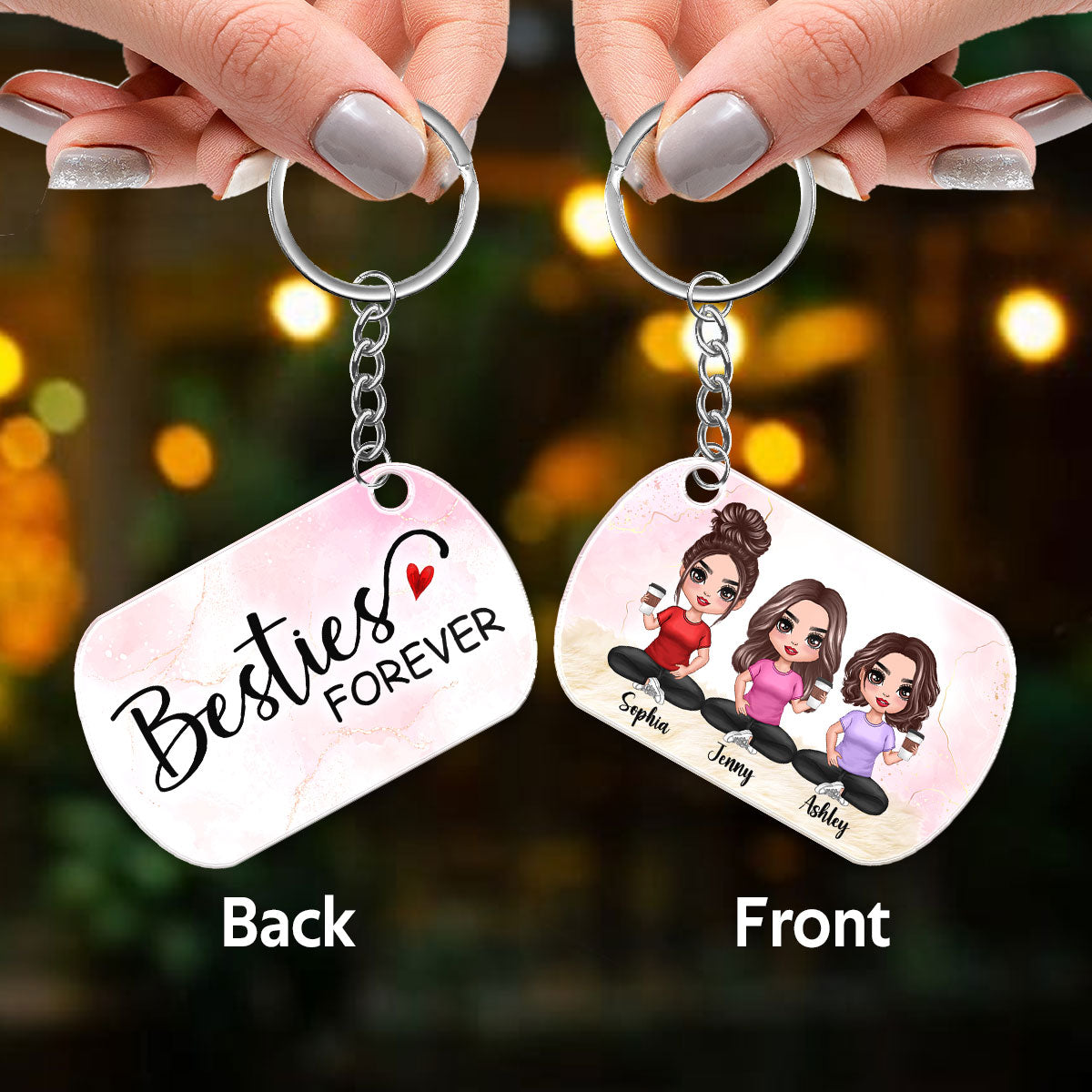 Besties Sisters Forever Watercolor Doll Girl Sitting Personalized Acrylic Keychain