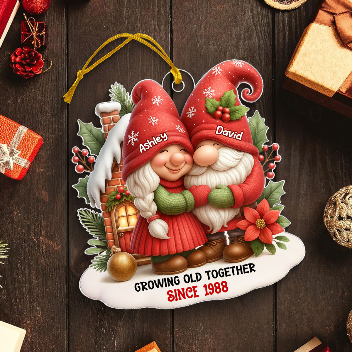 Festive Gnome Couple Love in Winter Wonderland Personalized Acrylic Ornament, Christmas Gift for him, Gift for her