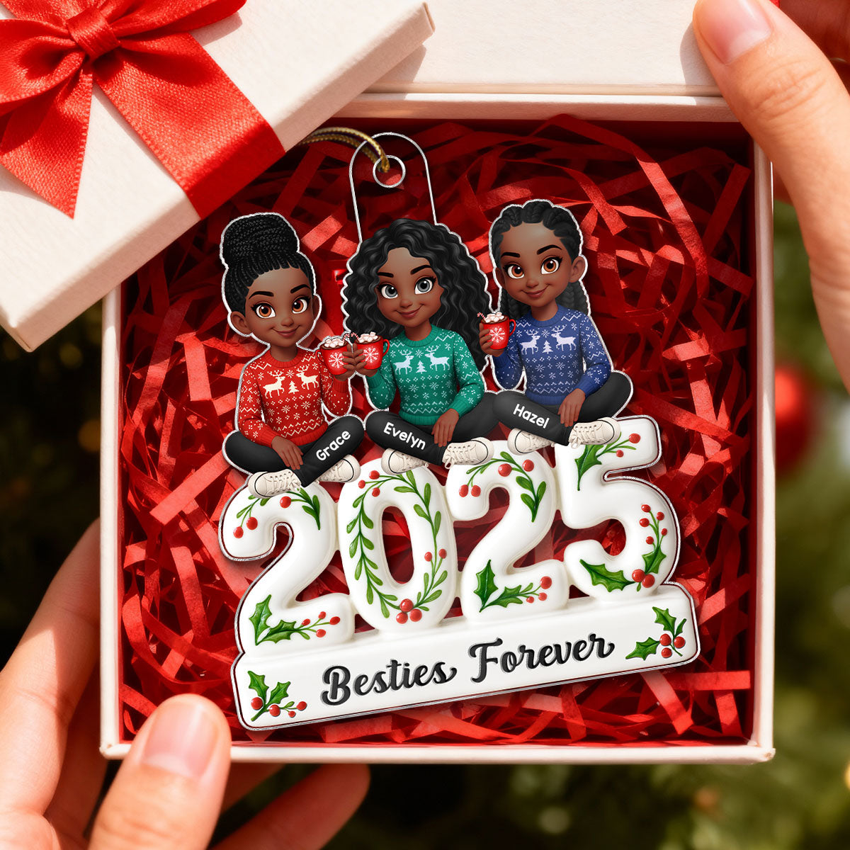 3D Effect Holly Leaf Besties Forever - Personalized Acrylic Ornament - Gift For Besties
