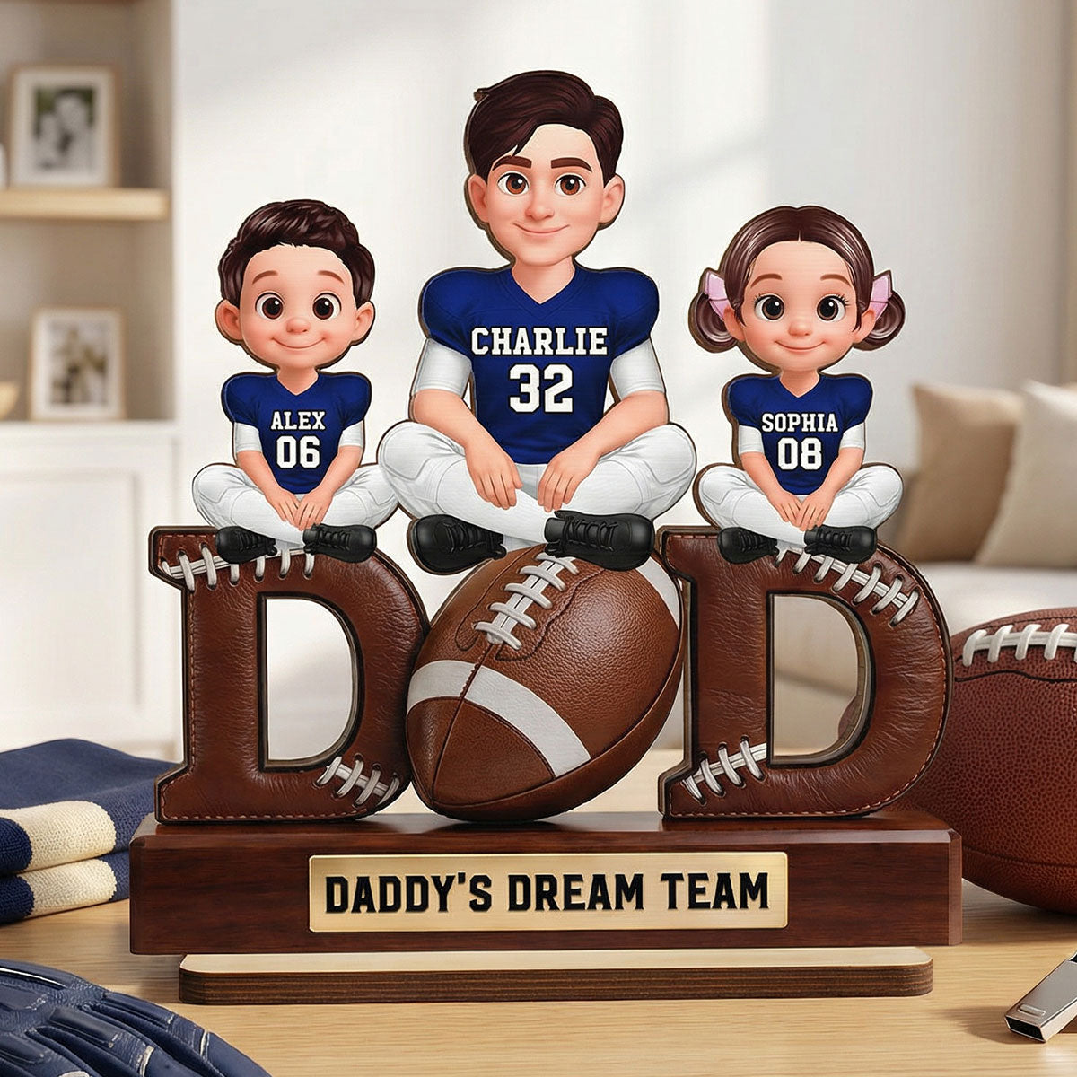 American Football Daddy's Dream Team - Personalized 2-Layered Wooden Plaque - Father's Day Gift For Dad