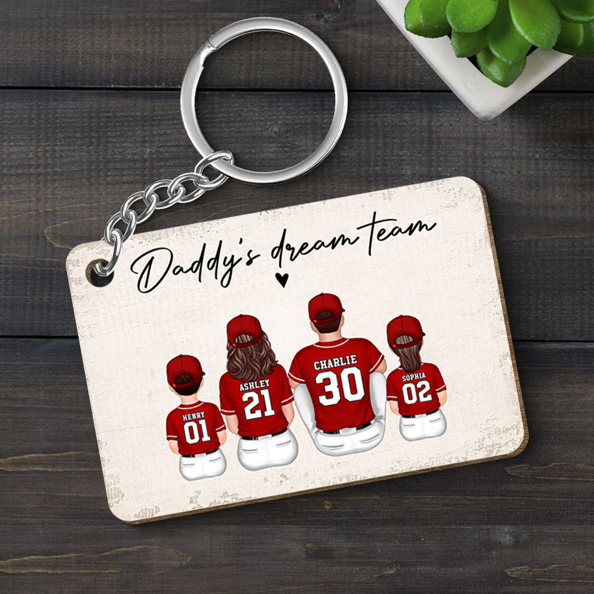 Daddy's Team Baseball Family Sitting Personalized Wooden Keychain, Father's Day Gift For Dad, Grandpa, Husband