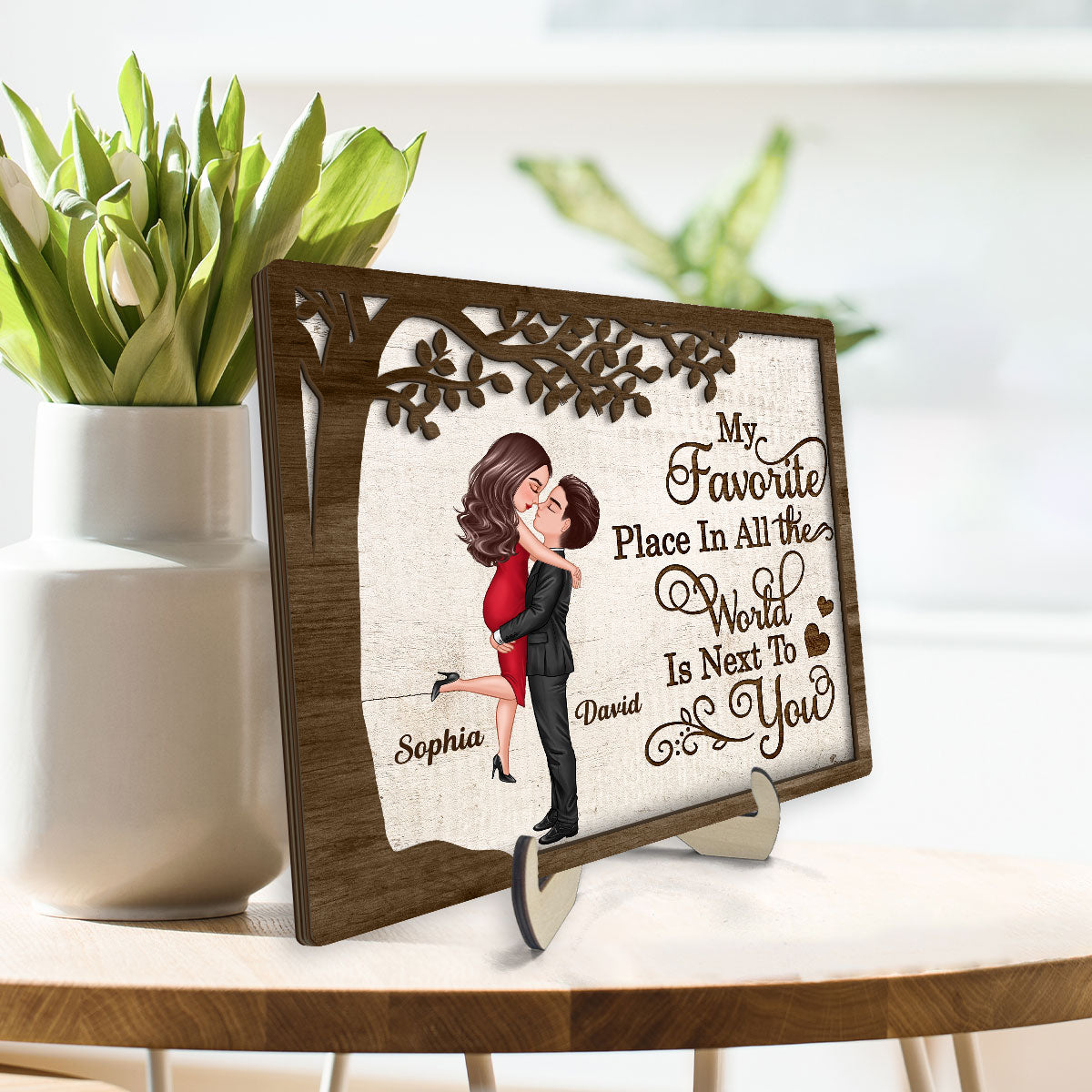 My Favorite Place In All The World Hugging Couple Personalized 2-Layer Wooden Plaque, Gift For Him, For Her