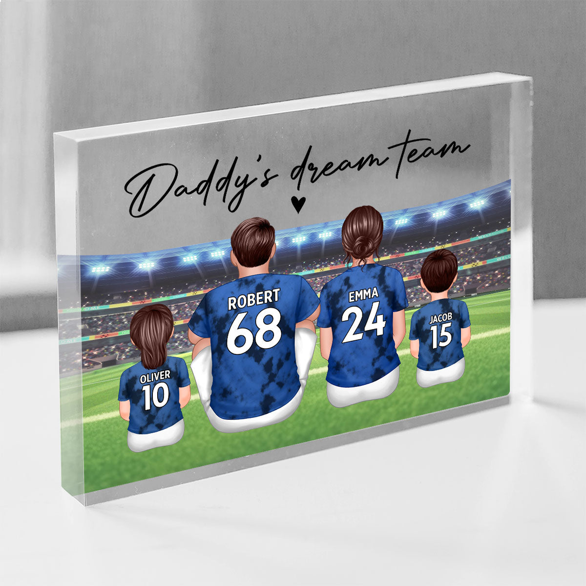 Daddy's Team Soccer Family Sitting Back View Personalized Acrylic Block, Father's Day Gift