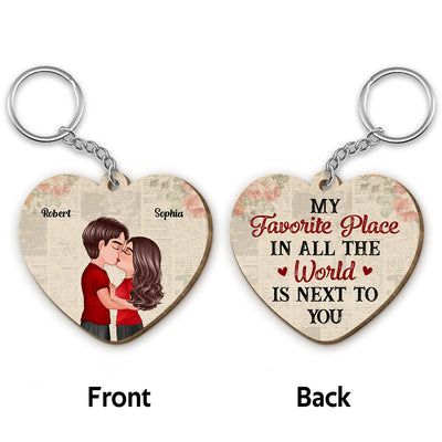 Favorite Place In All The World Couple Kissing Personalized Heart Shaped Wooden Keychain