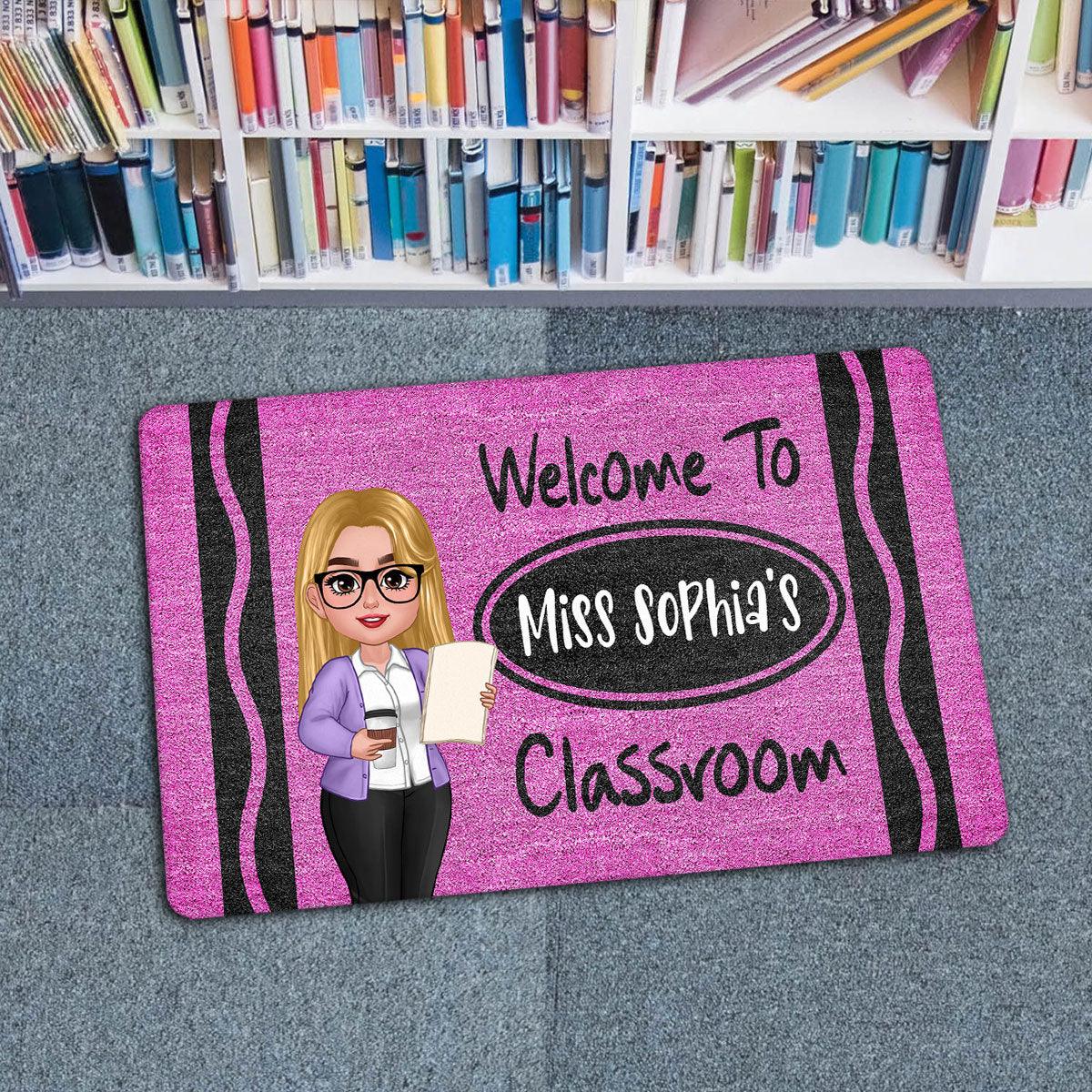 Teacher Cute Crayon Pattern Welcome To Classroom Personalized Doormat| Back To School Gift, Classroom Decoration