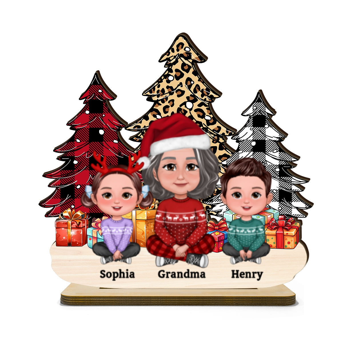 Leopard Checkered Christmas Tree Grandma & Grandkids Tabletop Decor Personalized 2-Layer Standing Wooden Plaque
