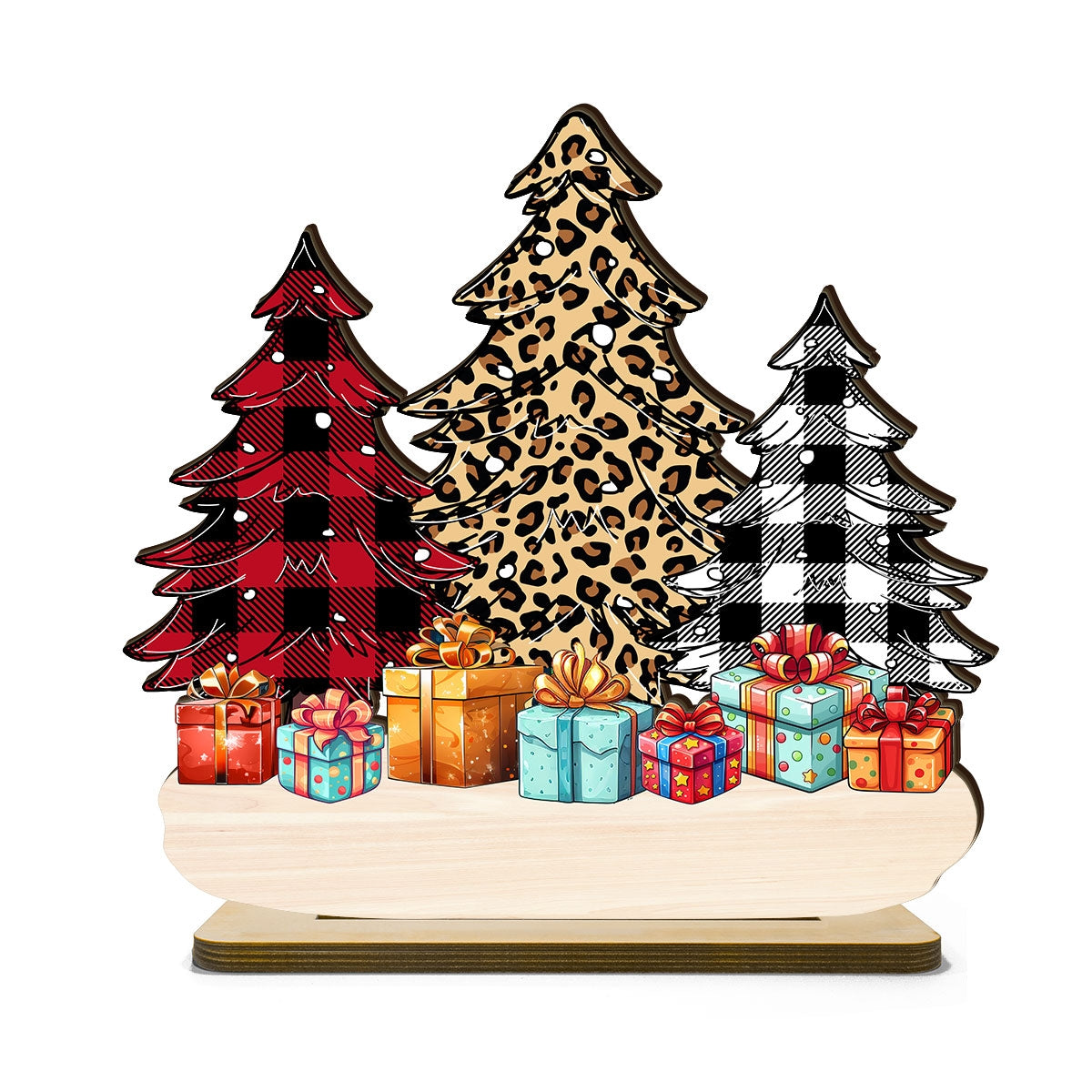 Leopard Checkered Christmas Tree Grandma & Grandkids Tabletop Decor Personalized 2-Layer Standing Wooden Plaque