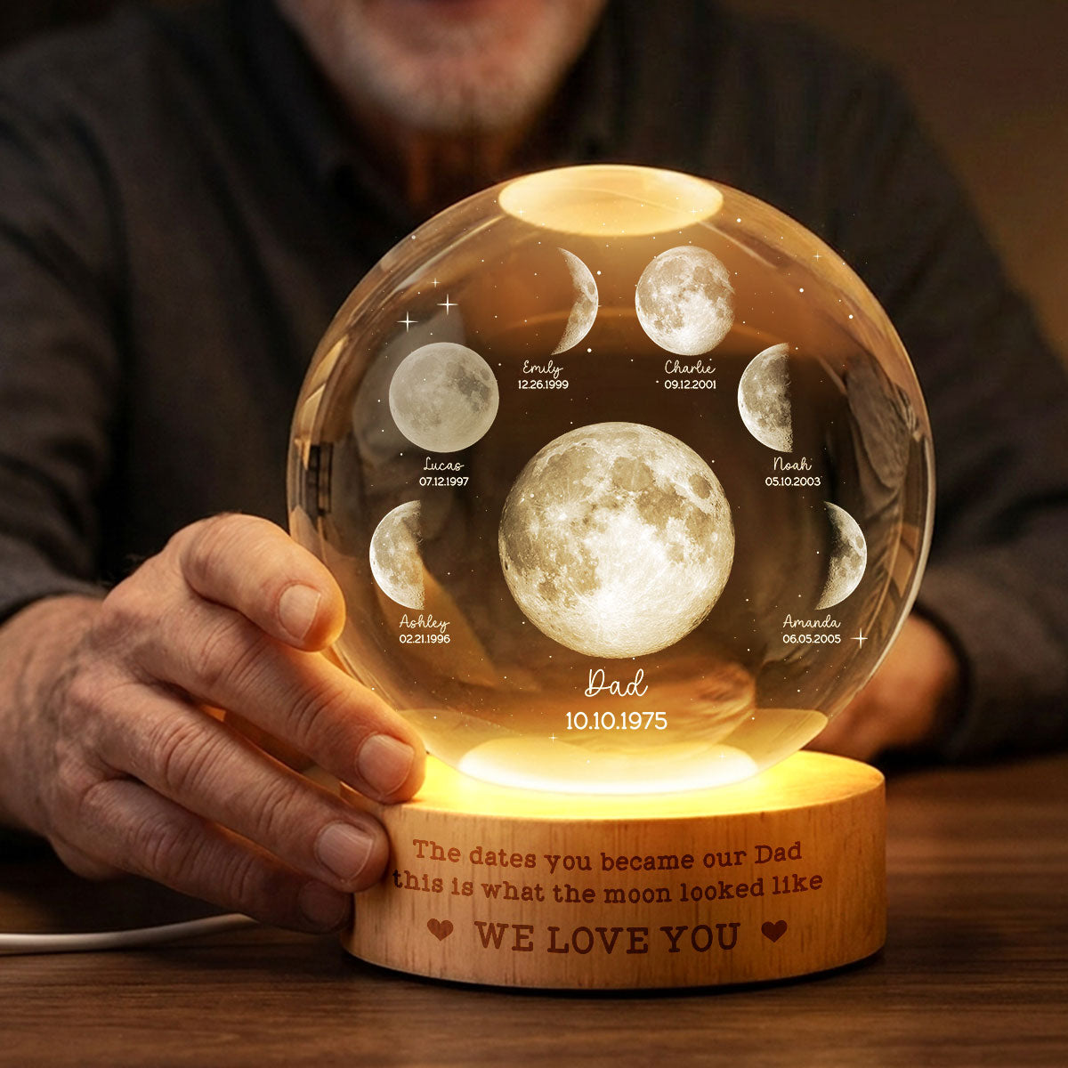 The Date You Became Our Dad - Personalized Crystal Ball LED Night Light - Custom Moon Phase by Date, Father's Day Gift for Dad, Husband