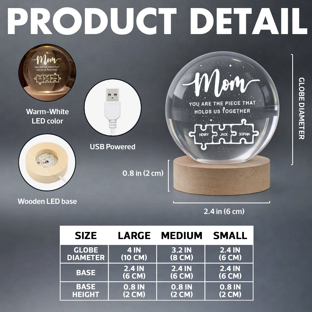 Mom You Are The Piece That Holds Us Together - Personalized Crystal Ball LED Night Light - Heartfelt Gift For Mom, Grandma