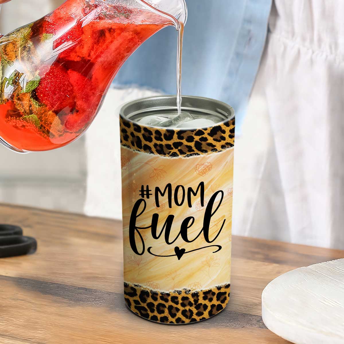 Mom Fuel Messy Bun Leopard Personalized Multipurpose Tumbler 4 In 1 Can Cooler