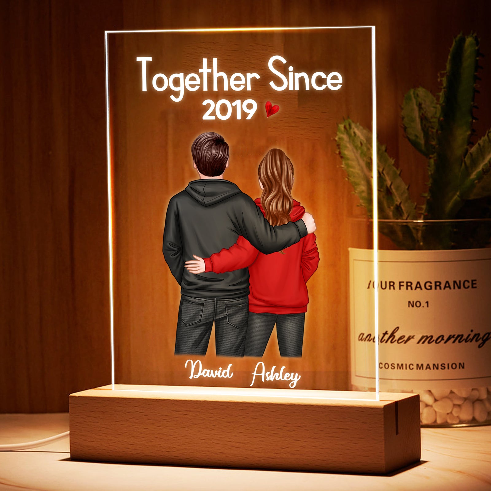 Back View Hoodie Couple Valentine‘s Anniversary Gift For Him Gift For Her Personalized Rectangle Acrylic Plaque LED Lamp Night Light