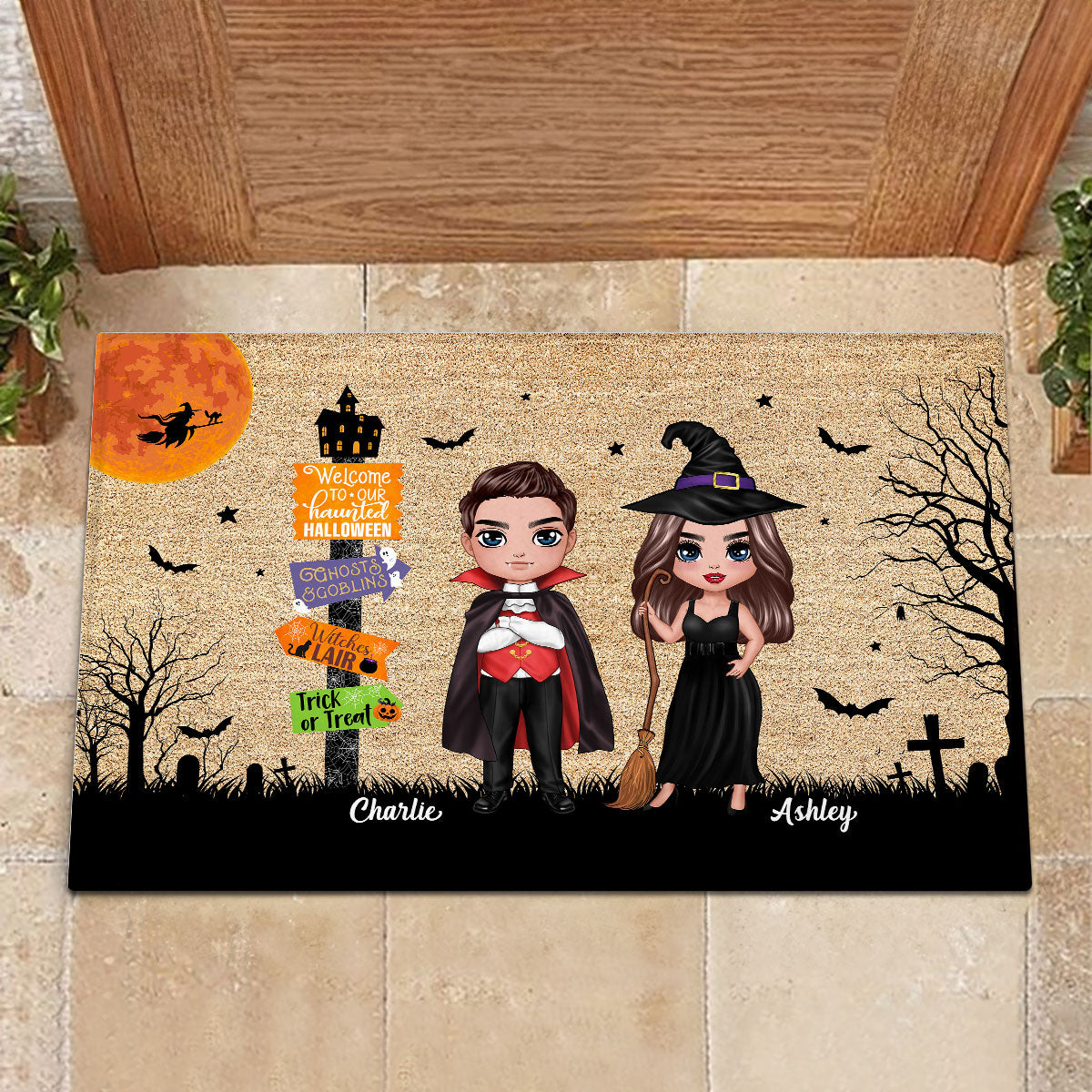 Welcome To Our Haunted House Couple Halloween Personalized Doormat