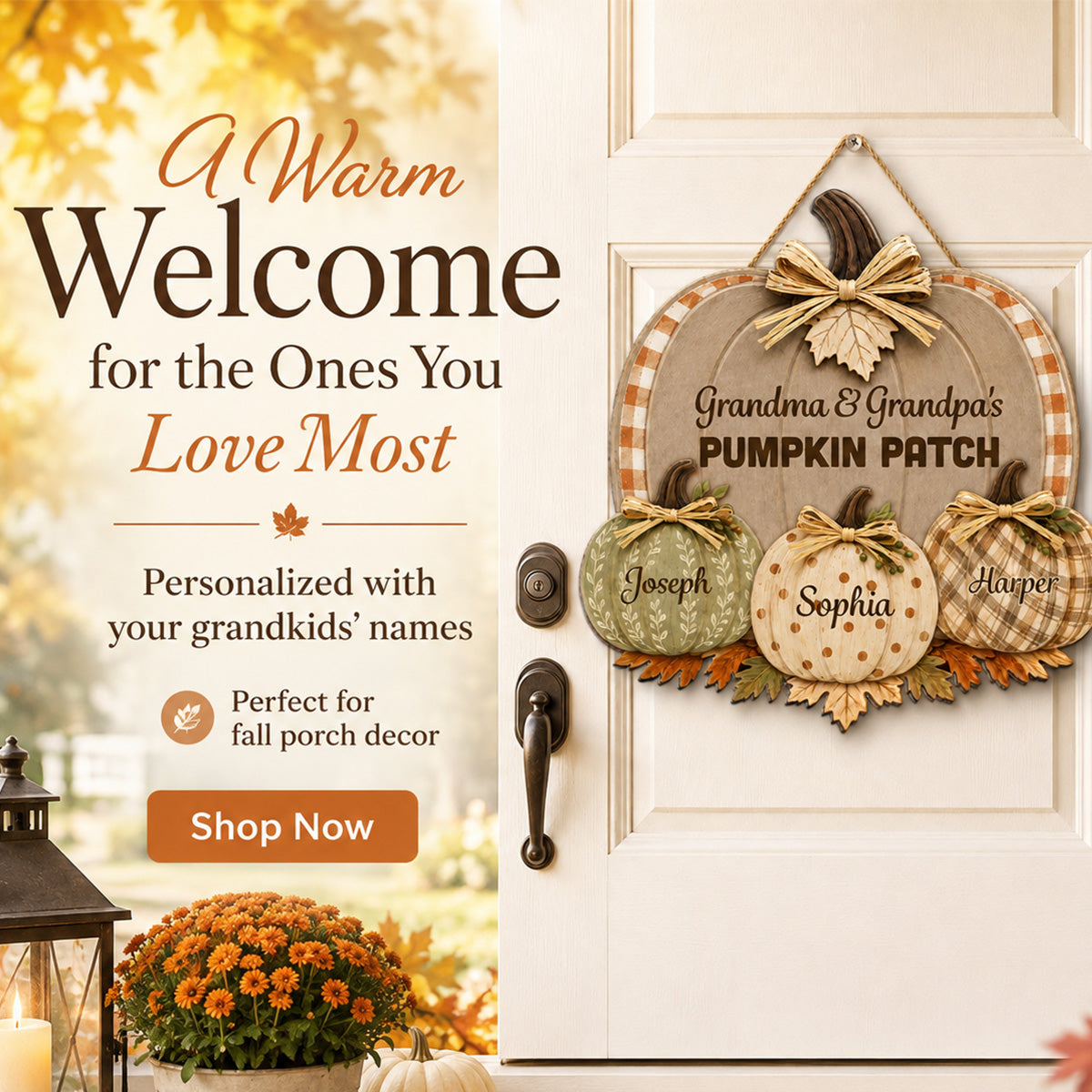 Grandma & Grandpa's Pumpkin Patch Polka Dot Leopard Plaid Pattern Pumpkins 2D Flat Printed - Personalized Door Hanger - Fall Season Decor For Grandparents