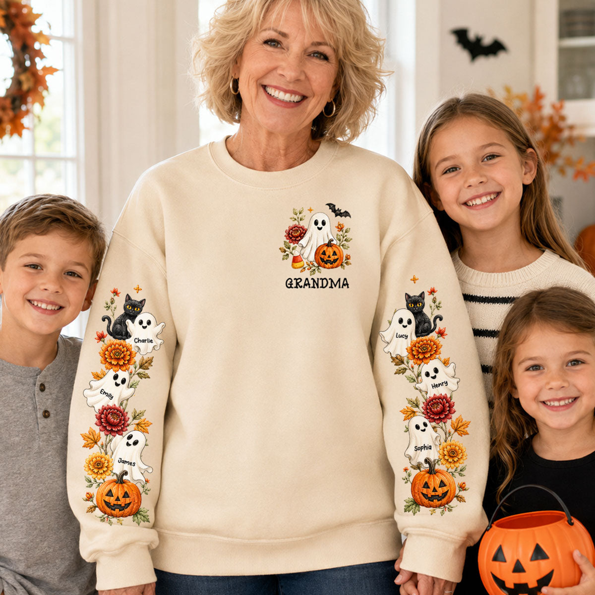Retro Vintage Floral Grandma Boo Crew - Personalized Sleeve Printed Sweatshirt - Fall Halloween Gift For Grandma