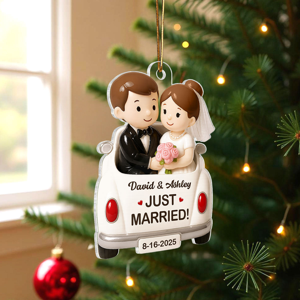 3D Effect Just Married Forever Love Couple Personalized Flat Acrylic Ornament, Gift For Newly Wedding Couple