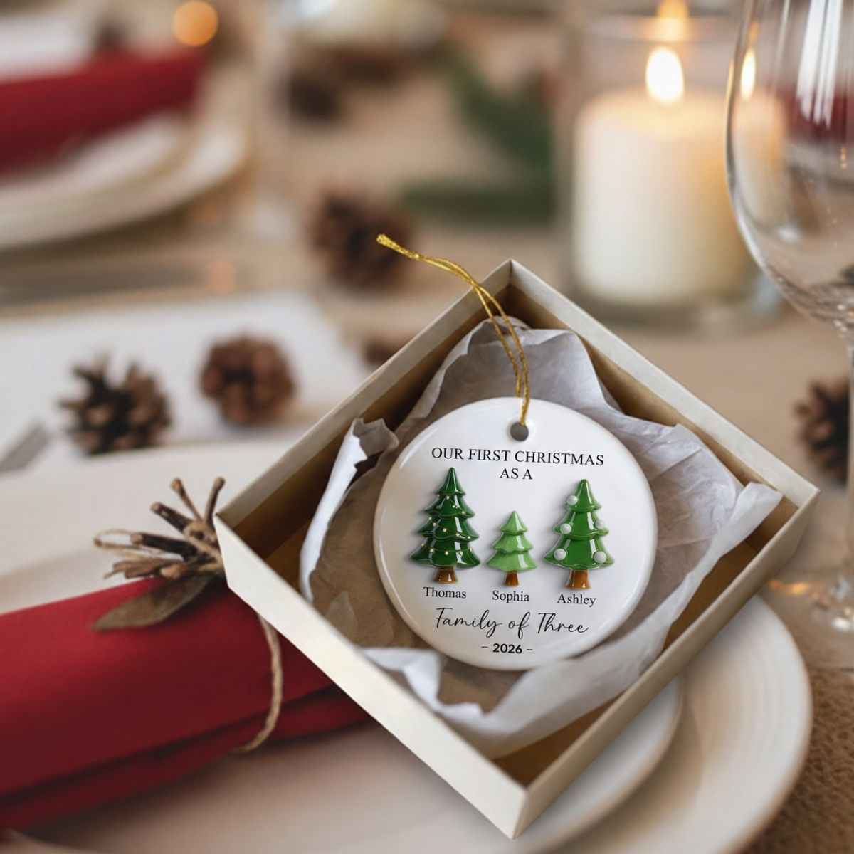 First Christmas As Family Christmas Tree 3D Effect - Personalized Ceramic Ornament - Christmas Decor For Family