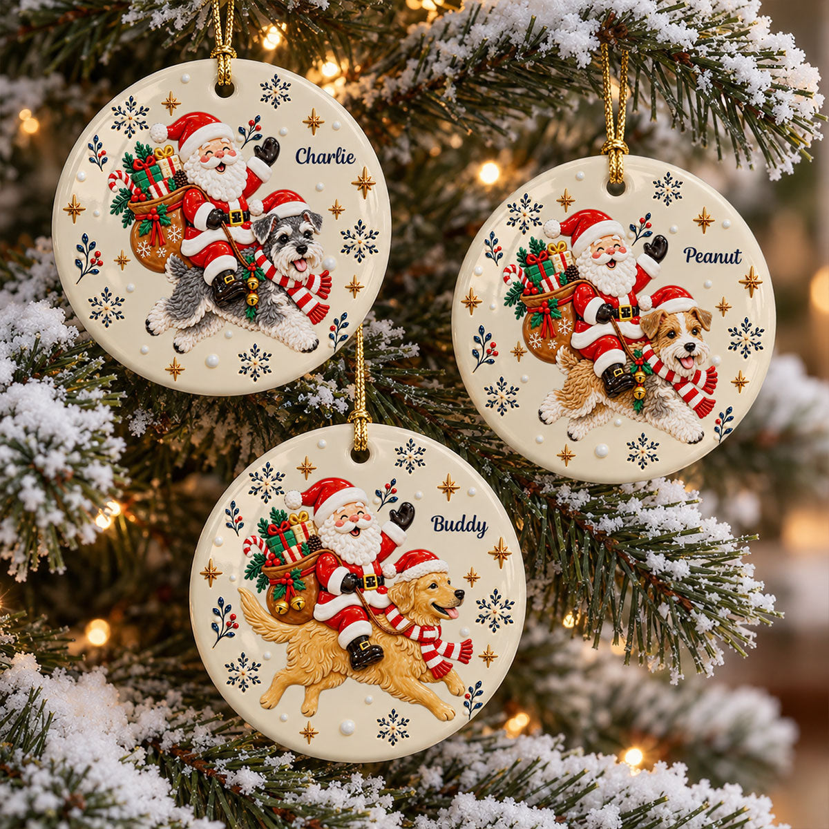 Santa On Dog's Back Upload Pet Photo 2D Flat Printed - Personalized Ceramic Ornament - Christmas Tree Decor For Dog Lover